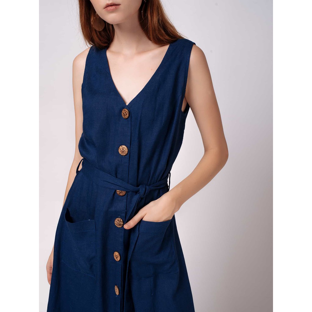 Đầm thắt dây nữ YV LE & CO vải lanh màu xanh indigo tạo nét duyên dáng