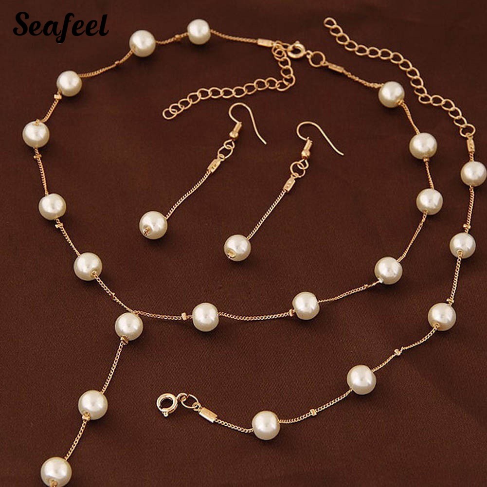 Set dây chuyền / vòng tay / khuyên tai đính ngọc trai nhân tạo thời trang