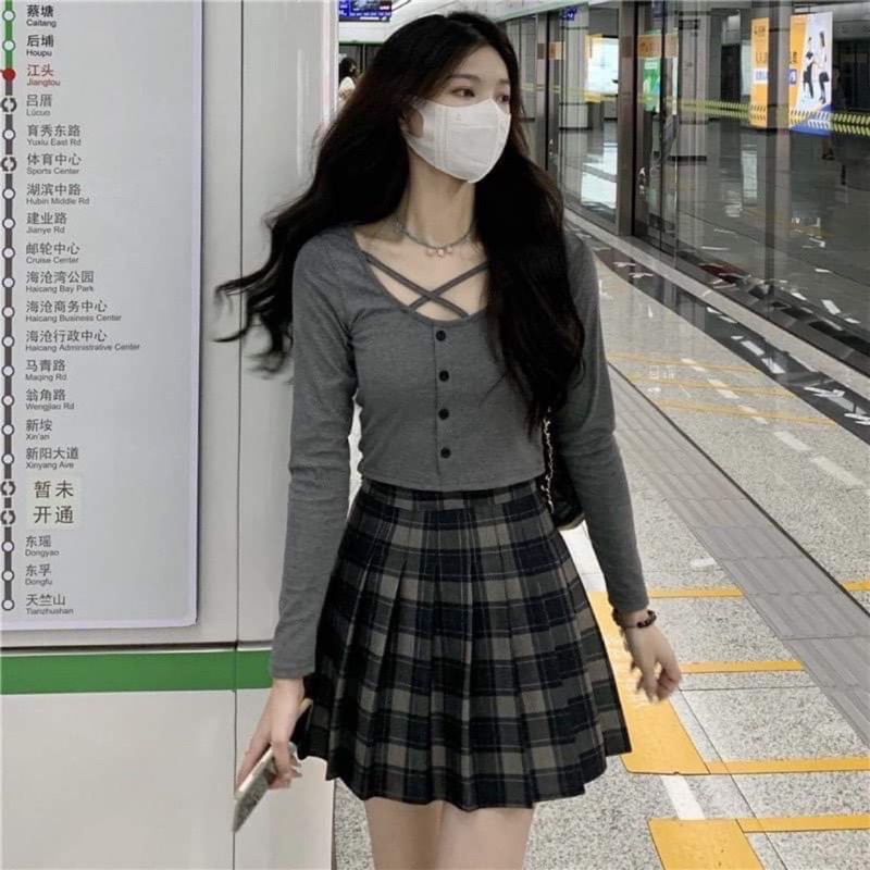 Sét áo thun croptop kèm chân váy dạ kẻ có size SM (hàng sẵn)