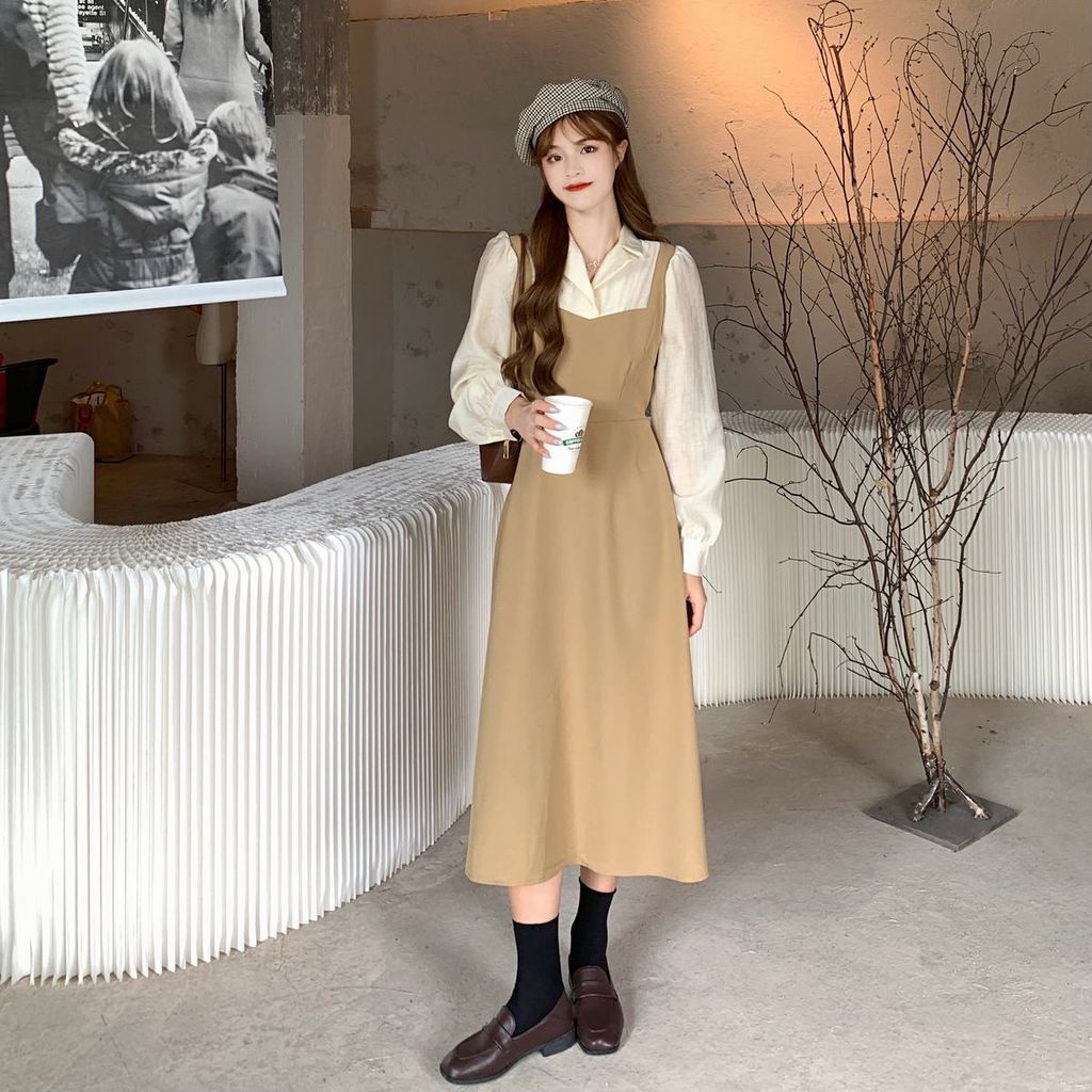 Mới Đầm Nữ Dài Tay Cổ Tròn Eo Thắt Dây Thời Trang Hàn