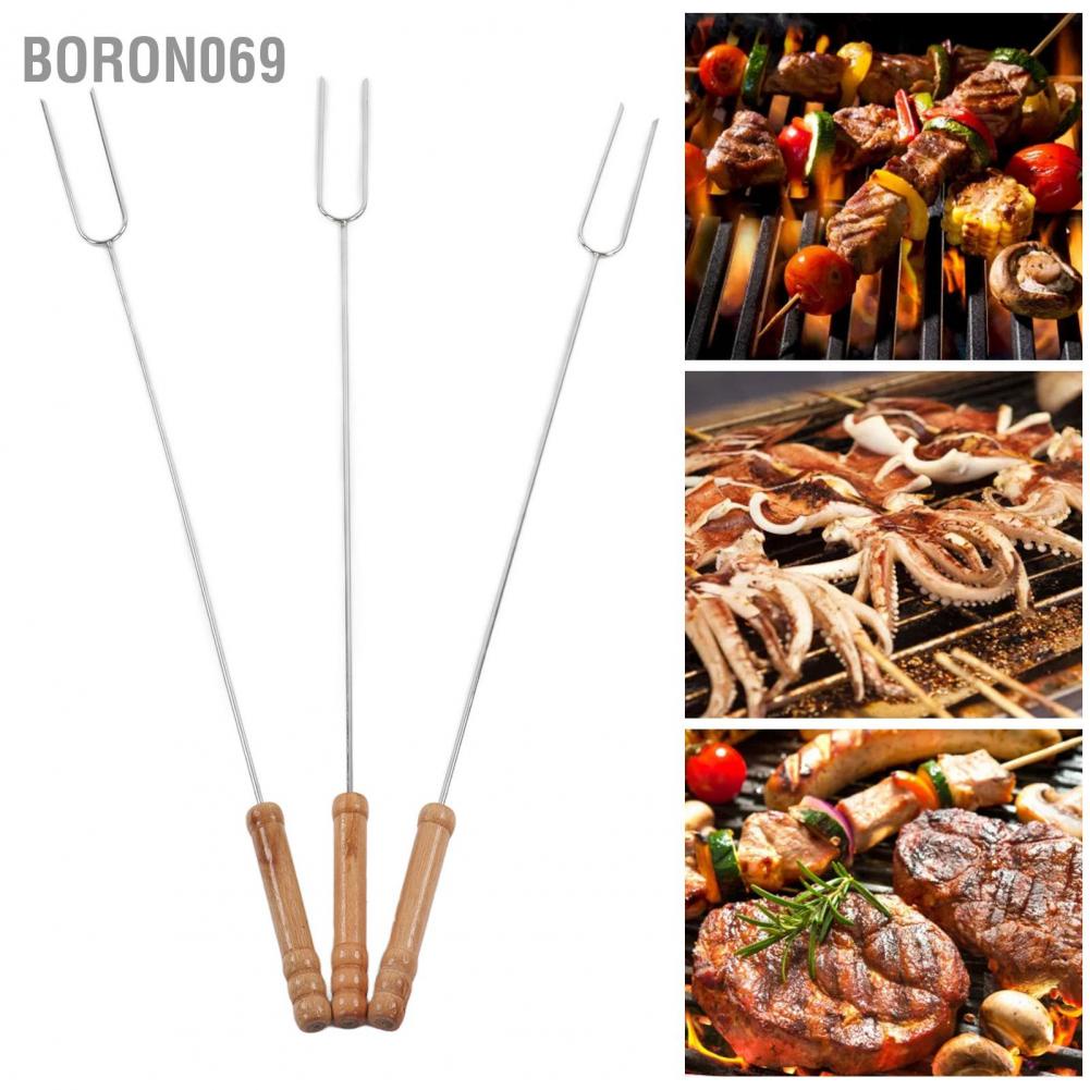 Boron069 Boron069 Nĩa nướng 3 cái Thanh bằng thép không gỉ đa chức năng với tay cầm gỗ sồi để cắm trại BBQ ngoài trời 47 2cm