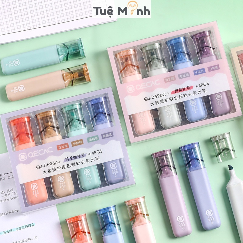 Bộ 4 bút highlight cỡ lớn màu Pastel HI08 Vpp Tuệ Minh bút dạ quang đánh dấu nhớ cỡ to màu Morandi đẹp mắt