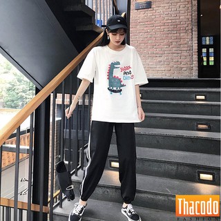 Set Đồ Thể Thao Áo Thun Quần Sọc Đẹp Chất Unisex Form Rộng - Hình Khủng Long S18