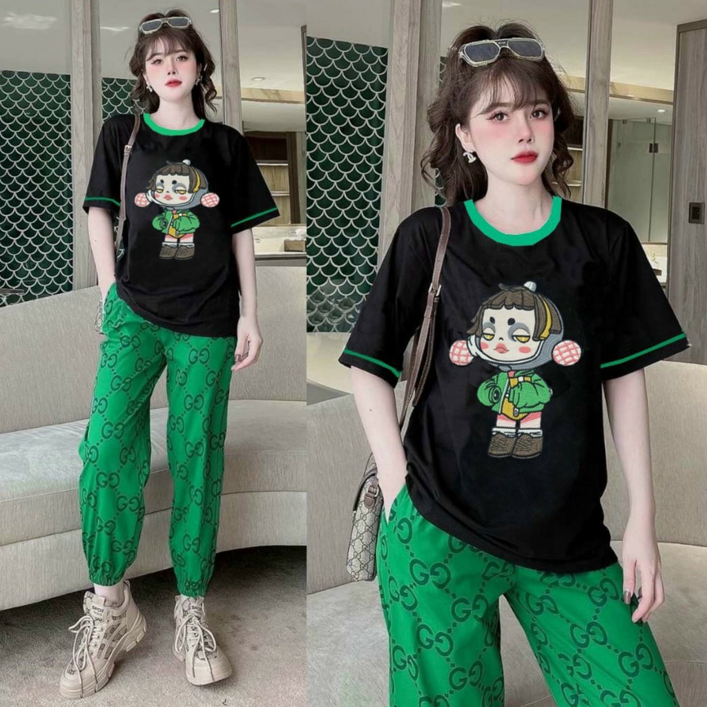 Đồ Bộ Dài Form Rộng Áo Thun Cotton Logo Nhập Thêu Đắp Phối Quần Thun Lạnh In 3D Xanh Lá