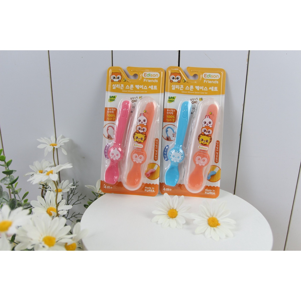 Set 2 thìa silicone cho bé ăn dặm Edison set hình Cú, Sư tử và Set hình Thỏ, Cú 6896 Đồ dùng ăn dặm cho bé MADE IN KOREA