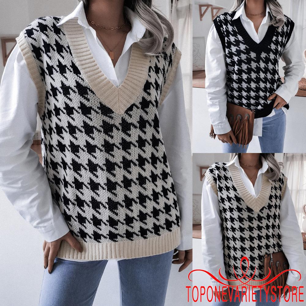 Áo Nữ Không Tay Cổ Chữ V Họa Tiết Houndstooth Thời Trang