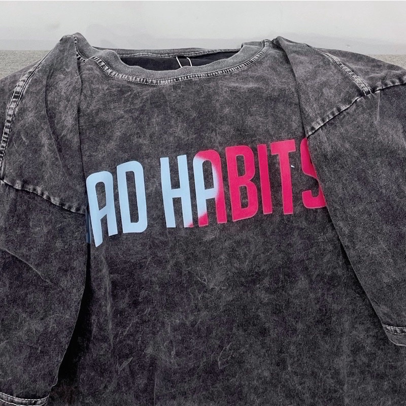 Áo Thun Tay Lỡ Unisex Wash Xám B.A.D HA.BIT COLOR 🖤 Form Nam Nữ Unisex - Kiểu áo phông cổ tròn form rộng 🖤