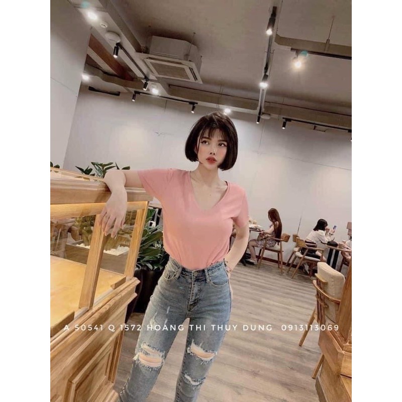 Áo phông cổ tim ngắn tay💥Áo thun giấy trơn cổ tim cộc tay💥{free ship} | BigBuy360 - bigbuy360.vn