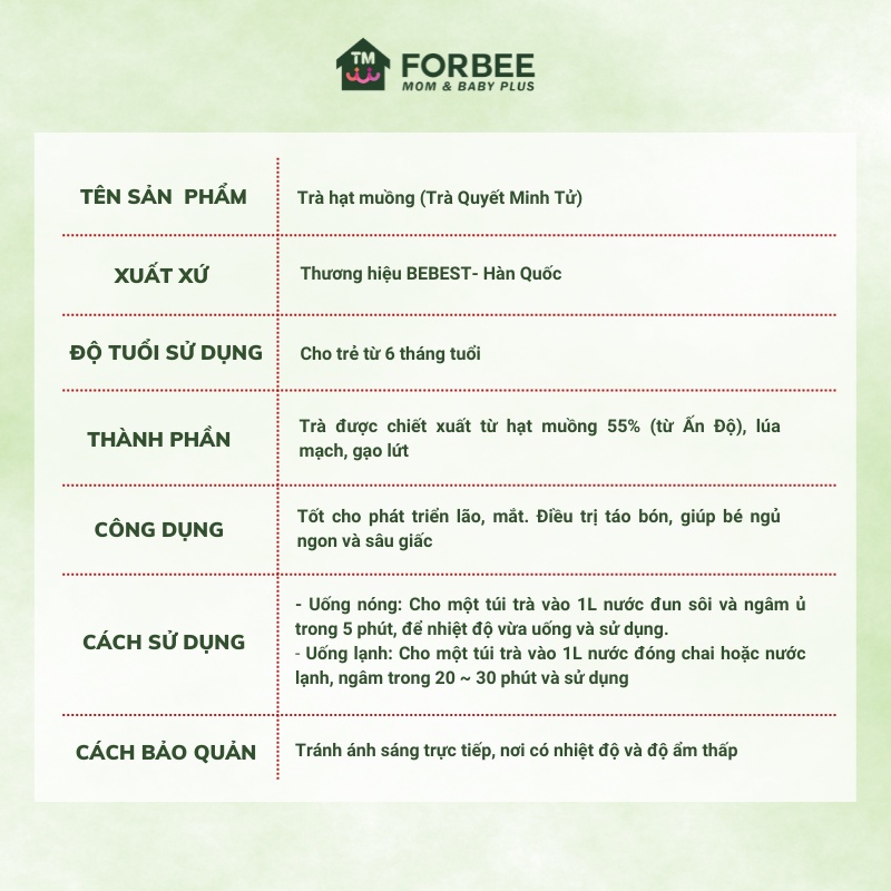 Trà Hạt Muồng (Quyết Minh Tử) BEBEST - Dành cho trẻ từ 6 tháng tuổi (40g/hộp) - FORBEE