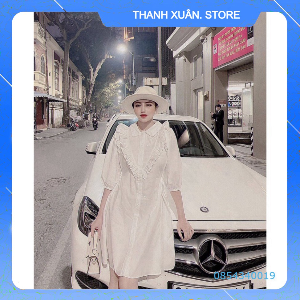 Váy Tay Lỡ Suông Cổ V Phối Viền Bèo Dáng Sơ Mi Trắng Style Retro sang trọng - Đầm Somi Trắng 👗💝-TXShop