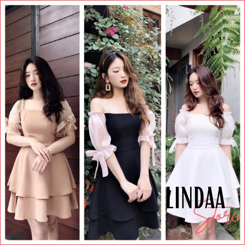 ĐẦM DỰ TIỆC TRỄ VAI TAY BÓNG KÍNH CỘT NƠ
