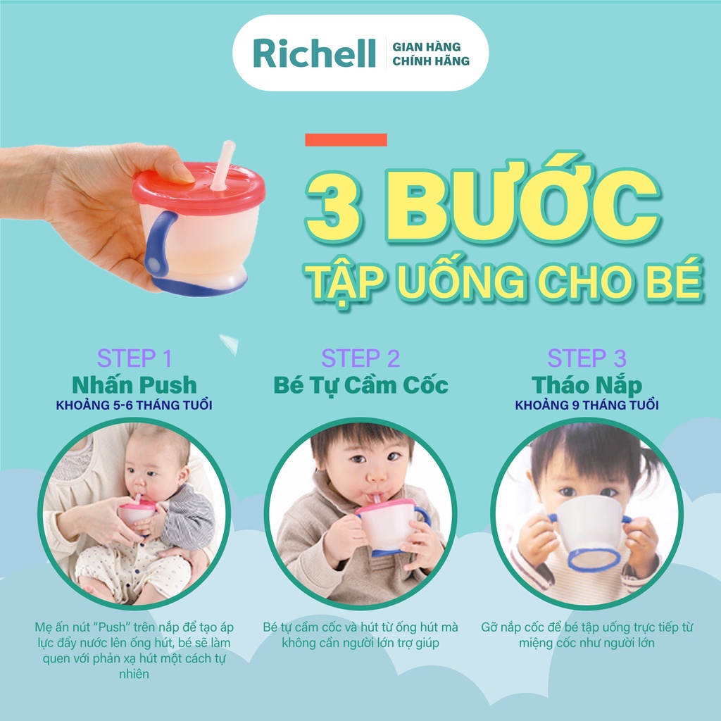 Bộ Cốc tập uống 3 giai đoạn và Bình ống hút AQ Richell Nhật Bản chống sặc | Baby