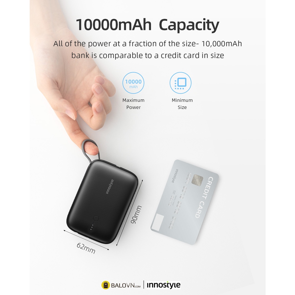 Pin Sạc Dự Phòng Innostyle Powergo Mini 10000 mAh 22.5W Tích Hợp Cáp USB-C IP22PDBLK