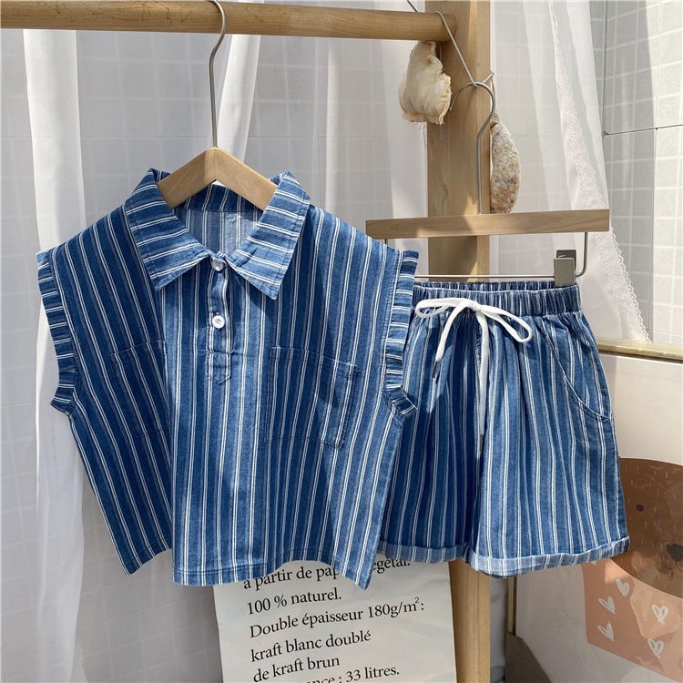 [Babycat] Hàng Có Sẵn Bộ Trang Phục Hai Mảnh Áo Denim Không Tay Kẻ Sọc Dọc Phong Cách Nhật Bản Hàn Quốc Thời Trang Mùa Hè Cho Bé Trai Bé Gái