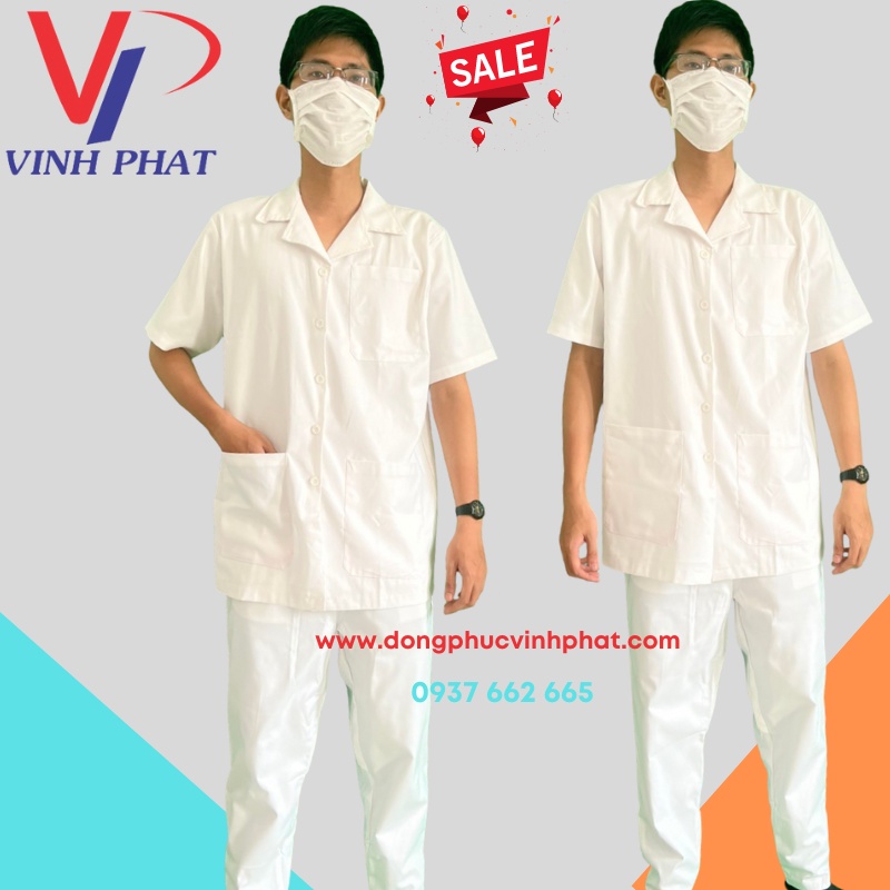 Bộ Quần Áo Blouse Trắng Ngắn Tay Nam Nữ Cổ Bẻ Vải Kaki Loai Tốt - Đồng Phục Y Tá, Dược Sĩ, Điều Dưỡng - Hình thật