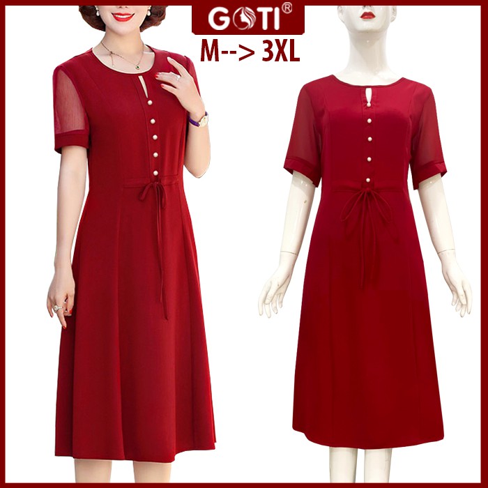 GOTI - Đầm Trung Niên Dáng Dài Kiểu Dự Tiệc Cao Cấp Vải Lụa Mềm Mịn Tay Ngắn Cho Mẹ U40 U50 3330 | BigBuy360 - bigbuy360.vn