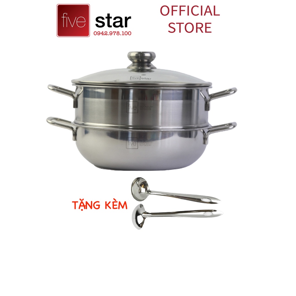 Nồi lẩu xửng hấp FIVESTAR 3 đáy từ nắp kính 24cm / 26cm / 28cm , tặng 2 vá canh