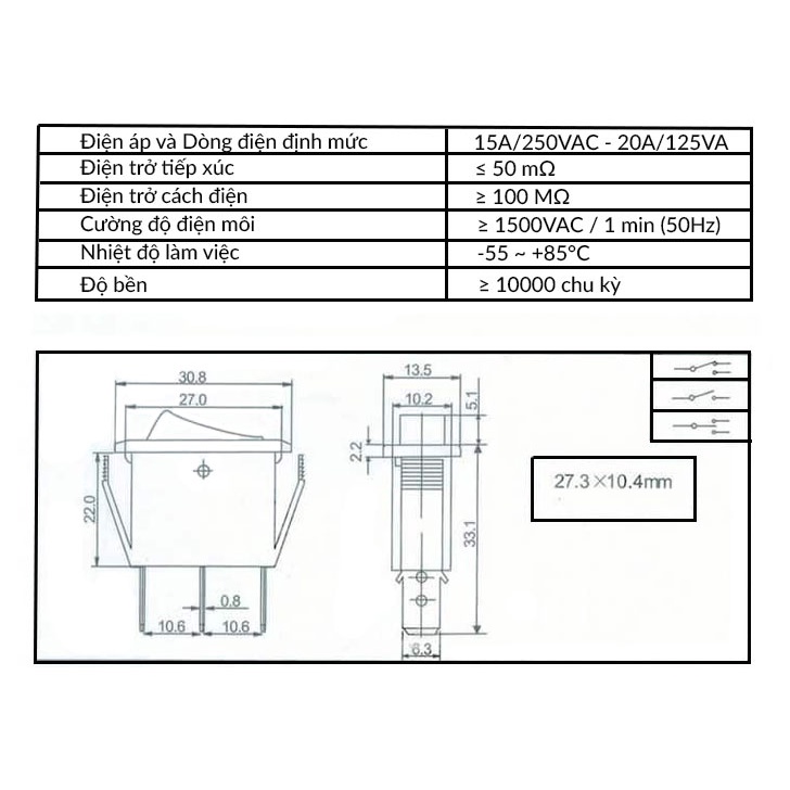Công tắc bập bênh có đèn KCD3-101N (đỏ, xanh lá)