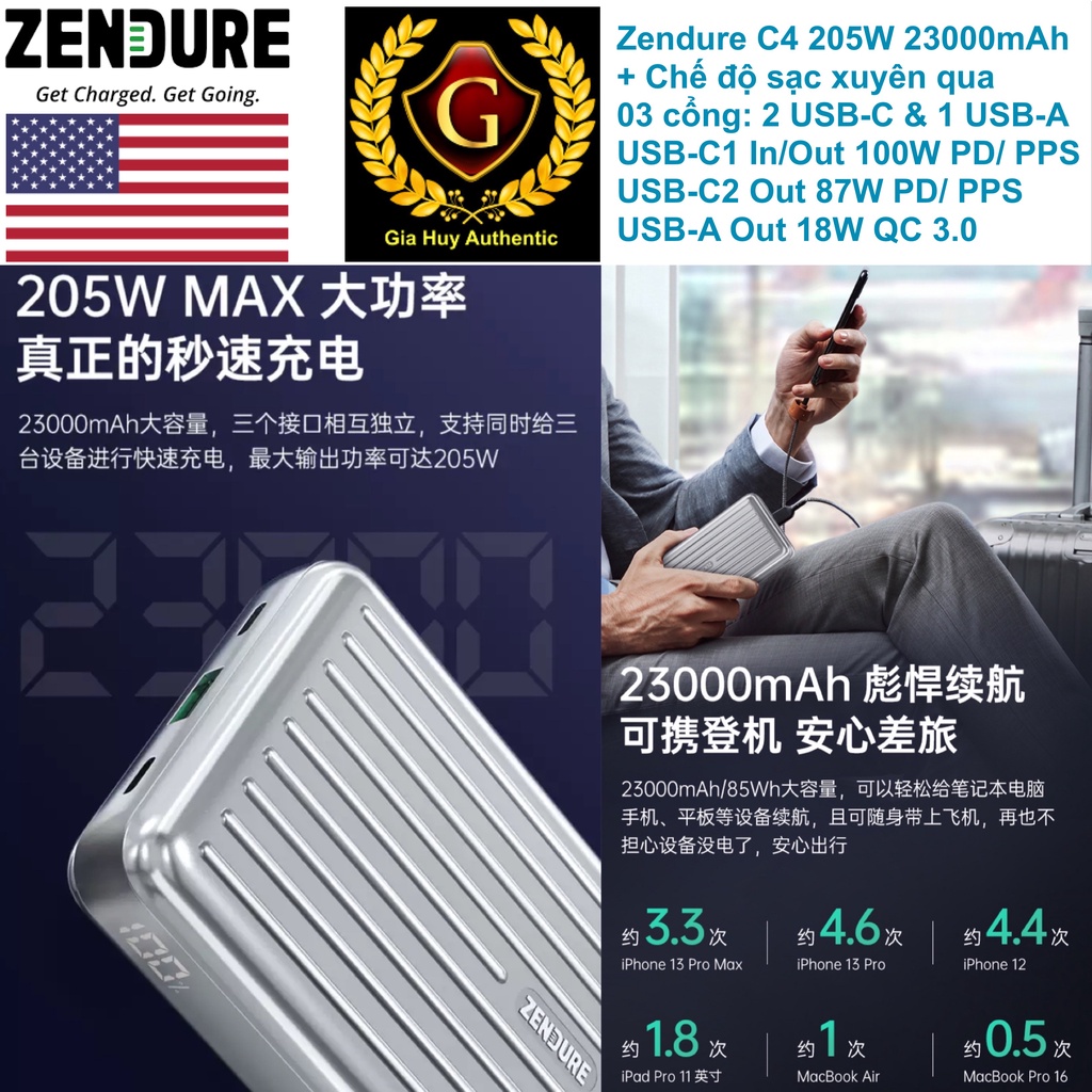 Pin sạc dự phòng ZENDURE C4 ZDPBC4PD-SL 23000mAh 205W 2C-1A  tích hợp PD/ PPS 2.0