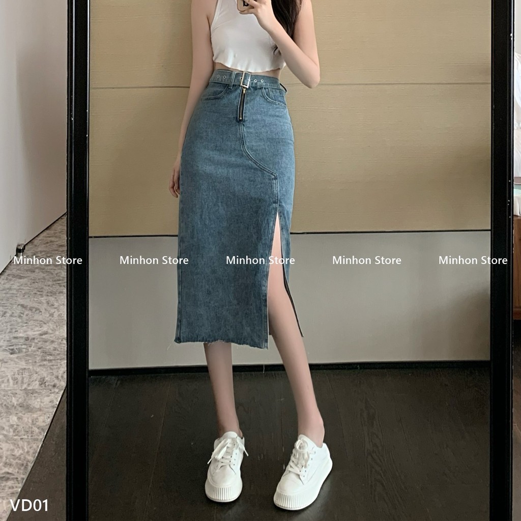 [Sẵn + Đai] Đầm Bò, Chân Váy Bò Dài Xẻ Tà Kèm Đai Nổi Bật, Trẻ Trung, Trendy (Minhon Store VD01) | BigBuy360 - bigbuy360.vn