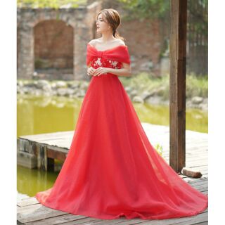 (free chỉnh sửa váy) đầm dạ hội cưới trễ vai váy xòe phồng công chúa cô dâu chụp ảnh cưới Hàn Quốc giá rẻ