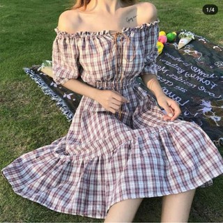 Váy trễ vai vintage caro kẻ chun xòe form rộng dáng dài