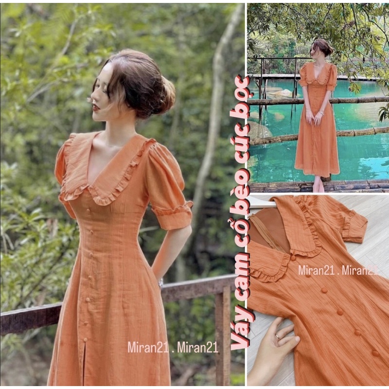 Đầm Cam Cổ Bèo Hai Lớp Cúc Bọc Vintage