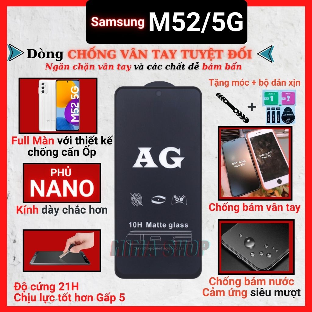 Kính cường lực Chống vân tay Samsung M52/ M52 5G Full màn hình - Chống bám vân tay và mồ hôi hiệu quả-Cảm ứng mượt mà