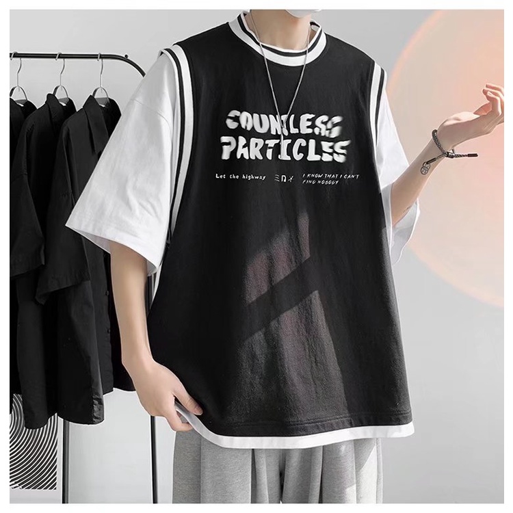 Áo Thun Tay Ngắn Dáng Rộng Giả Hai Lớp Phong Cách Bóng Rổ Hồng Kông Size M-5XL Dành Cho Nam Và Nữ