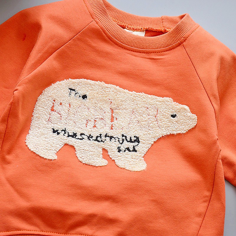 [B190202] Set đồ cho bé, áo thun dài tay hình con gấu màu cam, quần thun xanh hình con gấu trắng