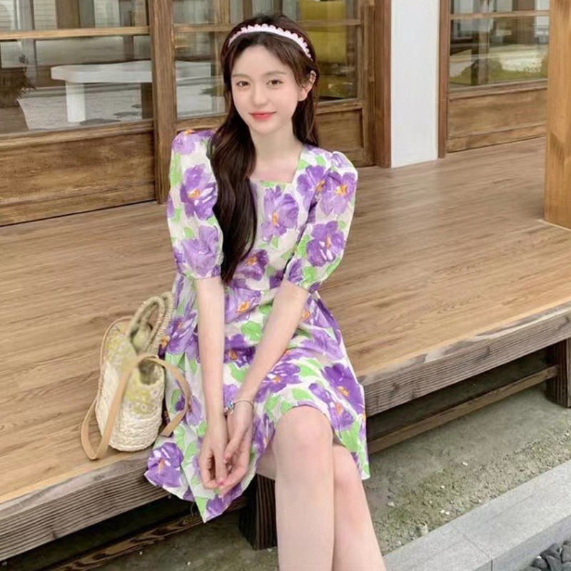 Đầm Hoa Tay Phồng Cổ Vuông Xếp Ly Lưng Cao Thời Trang Hàn Quốc Xinh Xắn Cho Nữ