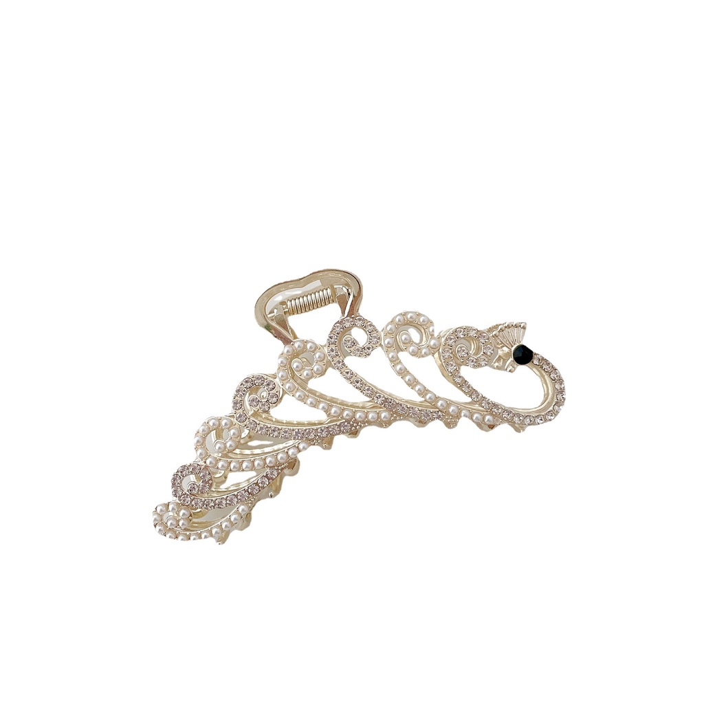 Kẹp gắp tóc bằng hợp kim hình chim công đính đá ngọc trai nhân tạo phong cách Hàn Quốc