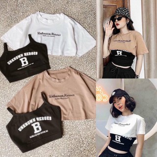 Set áo croptop Unknown suông đẹp JOY BABE 🎶 gồm áo lót bra hai dây in chữ + thun cổ tròn ngắn áo kiểu sexy hở SCRN 7 -1A