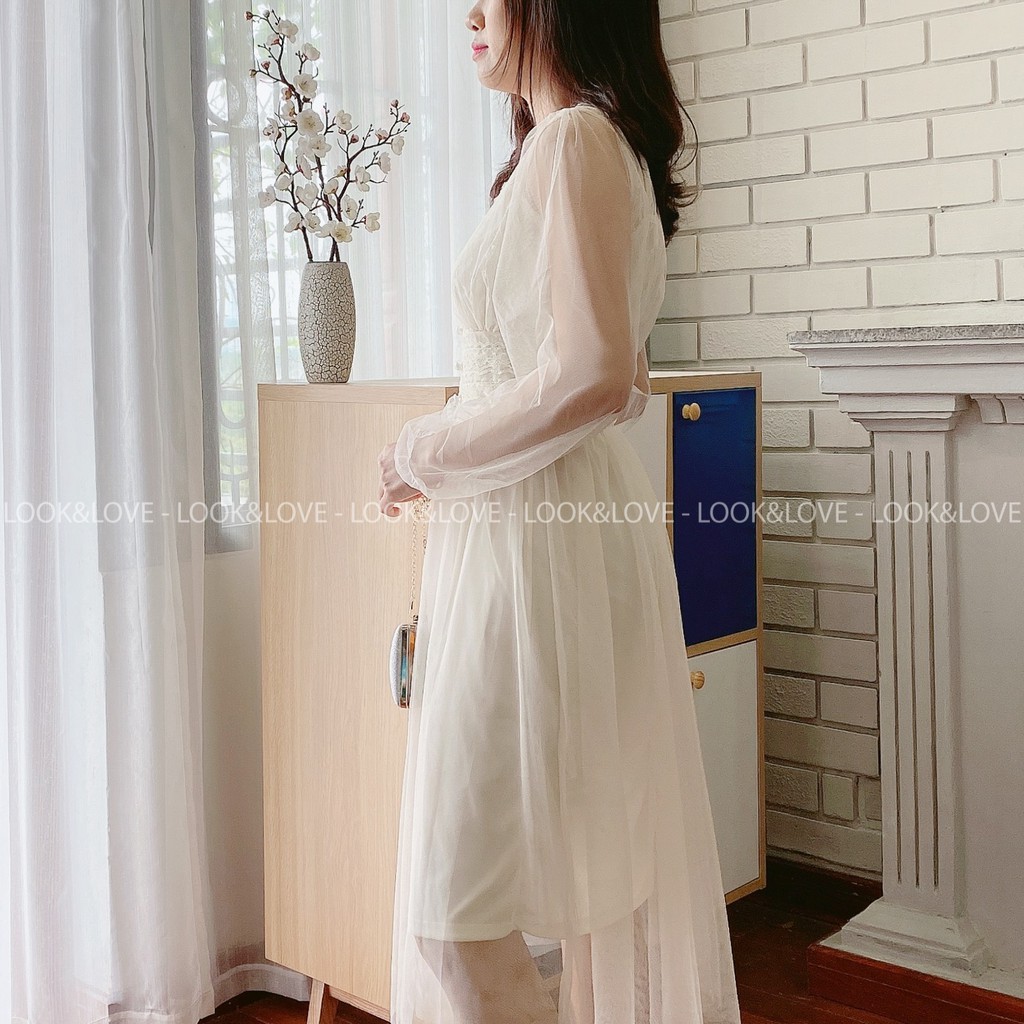 Váy đầm dự tiệc sang trọng Look&Love đầm trắng công chúa tiểu thư chiết eo tay bồng, Mã L002