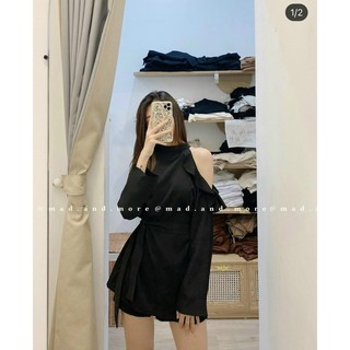 [ĐỦ BILL CÓ QUÀ] 🎁🎁 SET ÁO SƠ MI KIỂU ĐEN HỞ VAI + QUẦN ĐÙI (có ảnh thật)