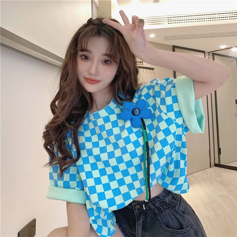 Áo Thun Tay Ngắn Họa Tiết Ô Vuông Thời Trang Hàn Quốc