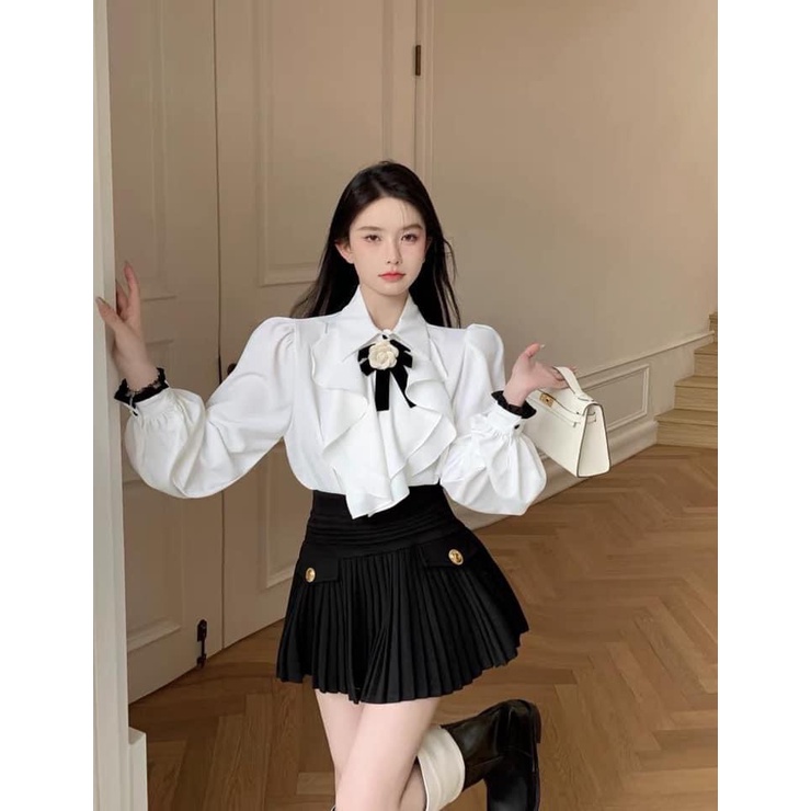 Áo sơ mi nữ cổ bèo tag hoa sang sịn