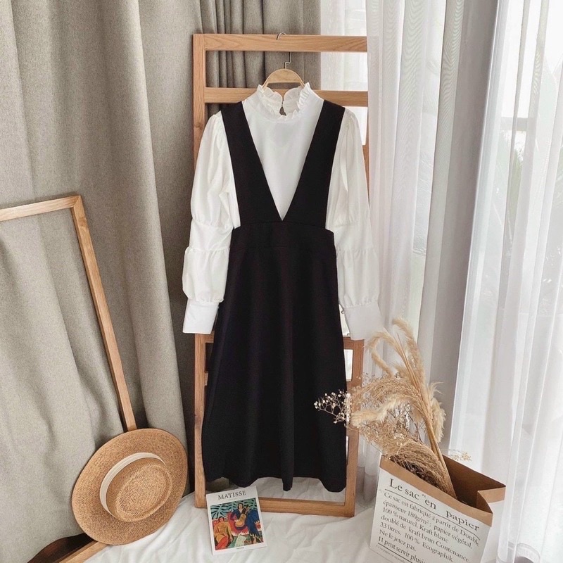 Sét Váy Yếm Nữ Tiểu Thư Gồm Áo Sơ Mi + Yếm Đen, Sét Yếm Nữ Ulzzang Chan House