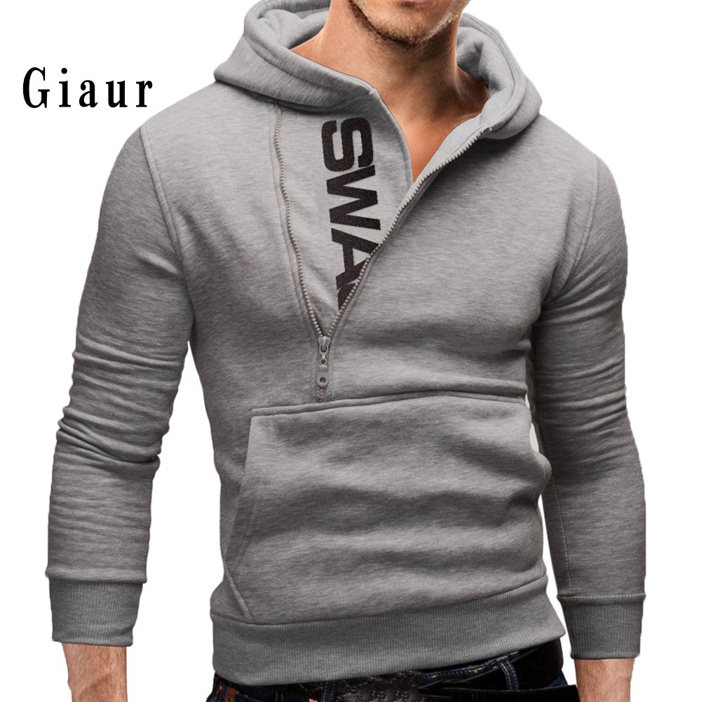 Lowprice  Sports Men Plus Size Slant Zipper Letter Hoodies Long Sleeve Hooded Sweatshirt