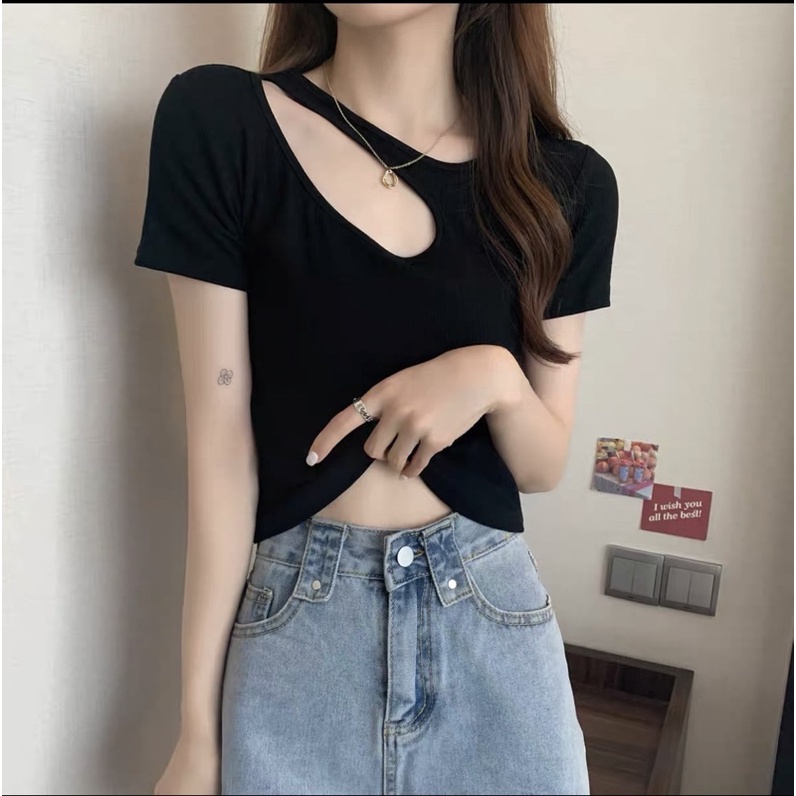 Áo croptop kiểu nữ tay ngắn hở vai, Áo croptop sexy thun gân cá tính màu trơn phong cách mùa hè