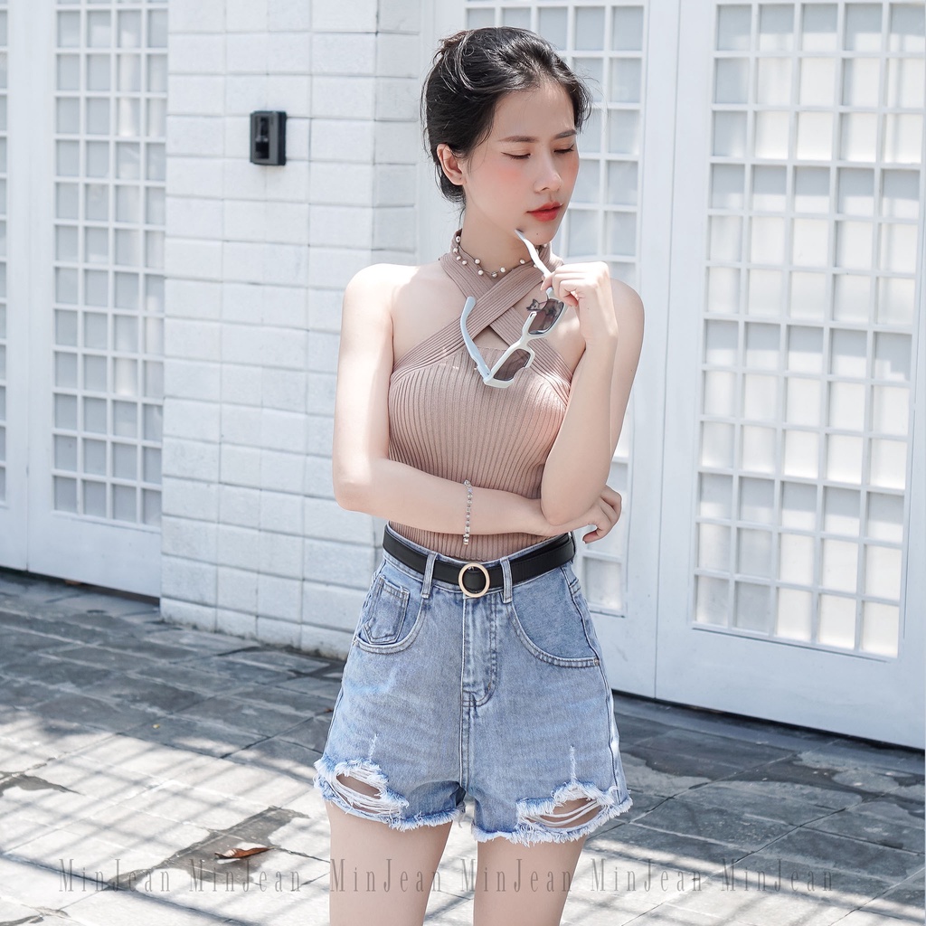 Quần Short Jean Nữ Dáng Chữ A MinJean MS22 Xanh Tôn Dáng, Quần Sooc Bò Lưng Cao Siêu Hack Dáng Cute