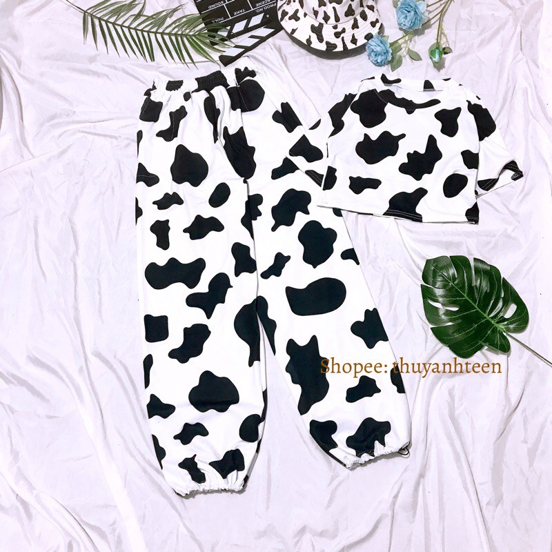 [Mã FADI5K245 giảm 5K đơn 0đ] Set bộ áo croptop mix quần boom thụng bo chun in hình bò sữa | WebRaoVat - webraovat.net.vn