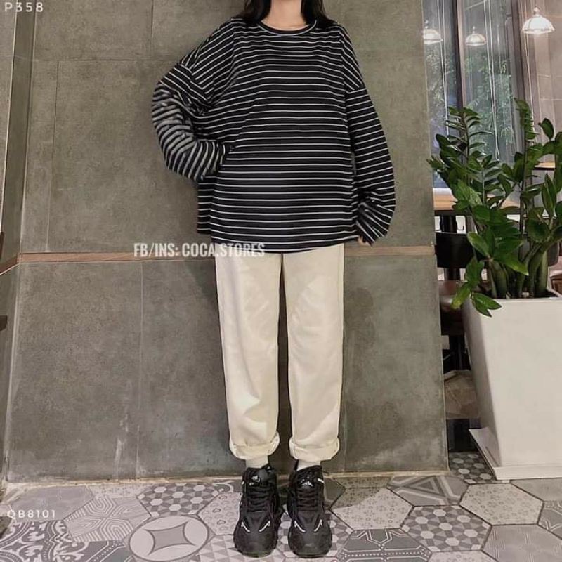 Áo thun nữ form rộng kẻ dài tay,áo phông dáng rộng hàng unisex sẵn 2 màu