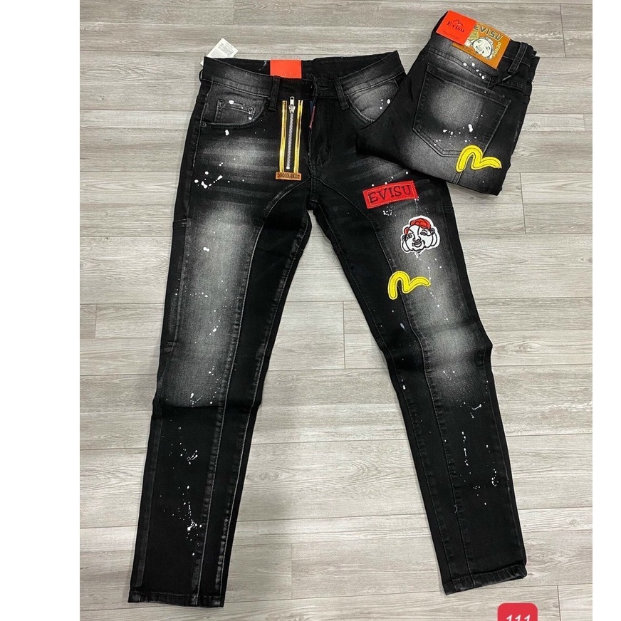 quần jean nam dài evisu đen xanh rách nhẹ thêu khóa lệch đẹp,chất bò co giãn giá tốt KAYSTORE