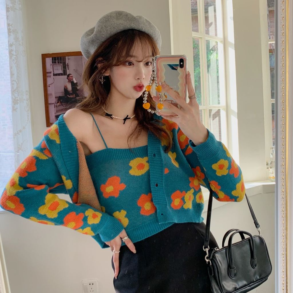 Set áo khoác cardigan dệt kim + áo hai dây thiết kế mới thời trang dành cho nữ