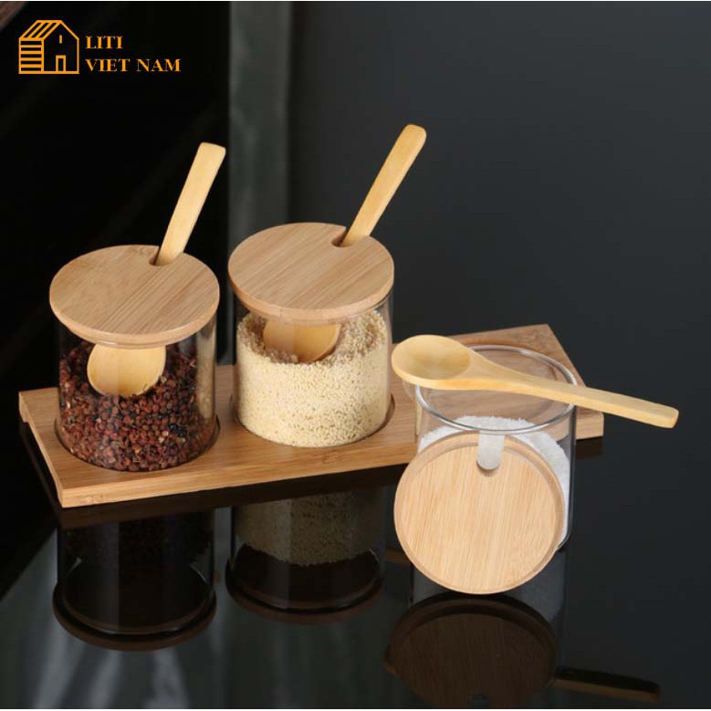 [FREESHIP] Bộ 3 hũ lọ đựng gia vị thủy tinh nắp gỗ - Decor trang trí nhà bếp | BigBuy360 - bigbuy360.vn