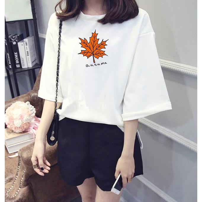 Áo thun tay lỡ Hàn Quốc form rộng in hình lá mùa thu vải dày mịn TEEWO122