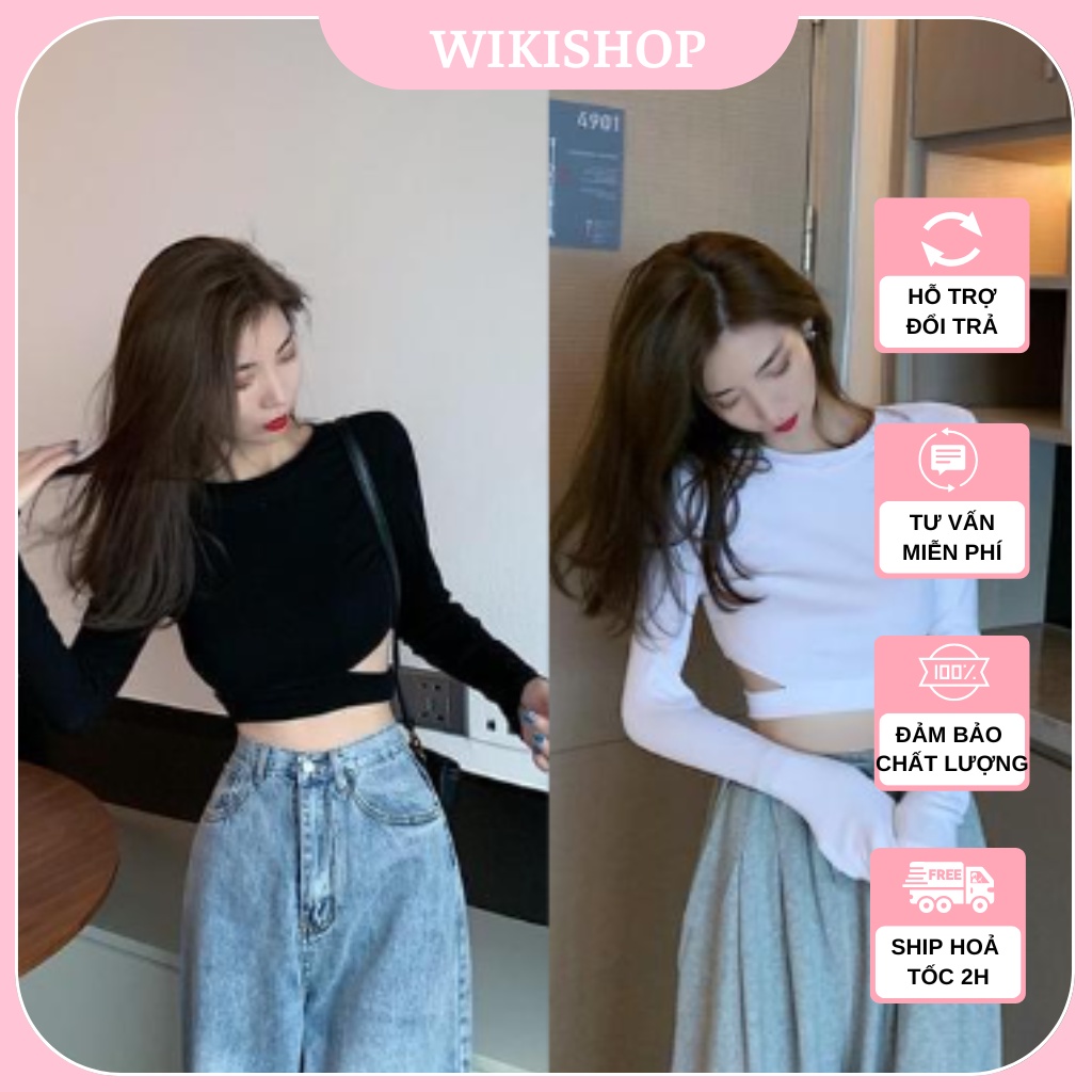 Áo croptop dài tay nữ khoét eo cut out Wikishop cổ tròn đen trắng freesize phom ôm basic sexy hàn quốc C703