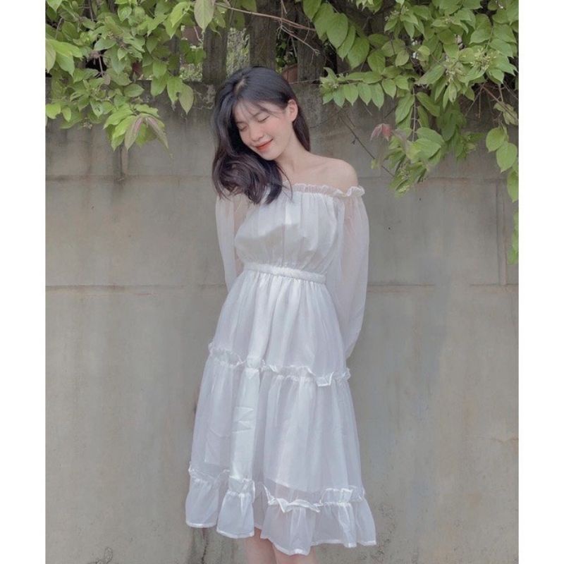 Váy babydoll, váy trắng trễ vai dáng dài hở lưng tay bồng đầm dự tiệc, mặc đi chơi, đi biển, siêu xinh, VAY002