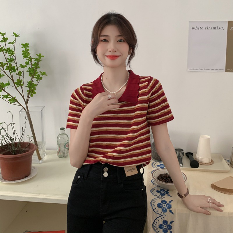 Áo polo nữ, sơmi nữ cổ bẻ cộc tay màu hè kẻ sọc ngang dệt kim vintage